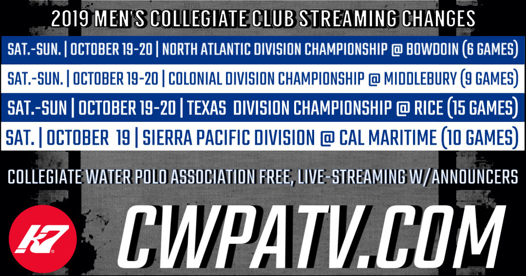 Collegiate Water Polo Association Releases Revised Streaming Docket for Men’s Collegiate Club Games from North Atlantic, Colonial & Texas Division Championships; Sierra Pacific Division on October 19-20