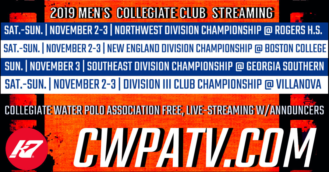 Collegiate Water Polo Association to Stream Men’s Collegiate Club Northwest, New England & Southeast Division Championship Tournament Games on November 2-3